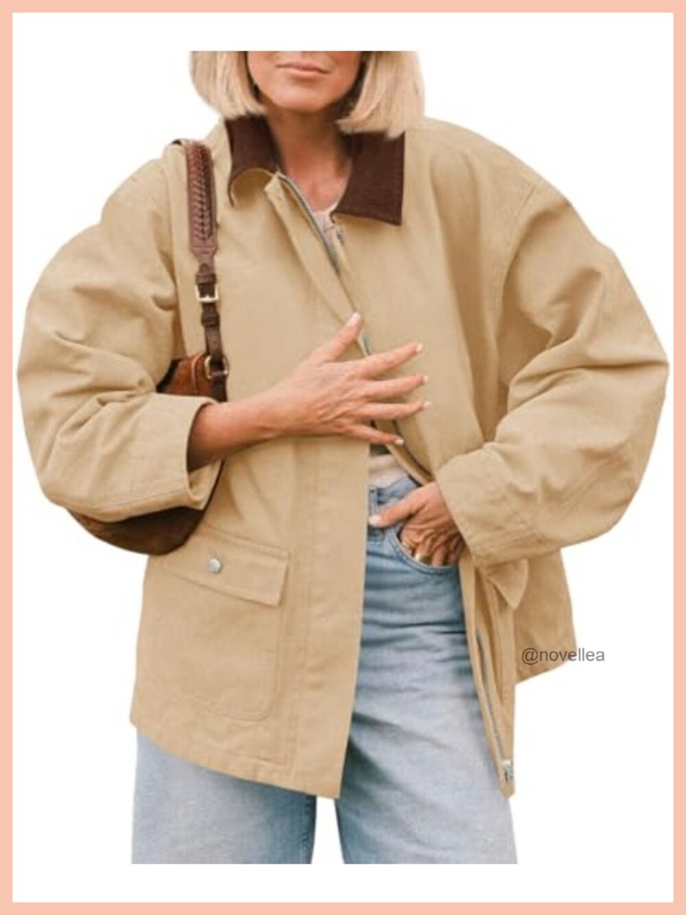 Tankaneo Women's Oversized Utility Jacket Corduroy Collar Zip Pockets Fall Coat
